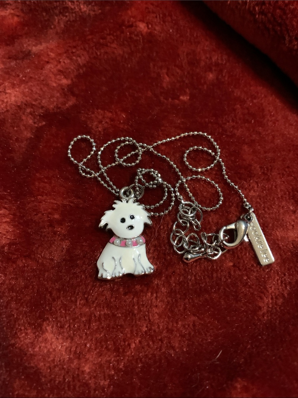 Cookie Lee White Dog Pendant Necklace with Pink Collar